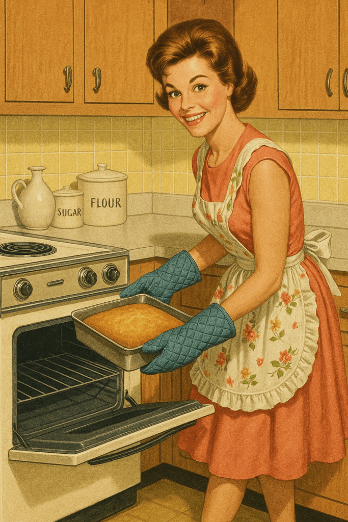 AI-generated 1960s-era housewife removing baked confection from oven