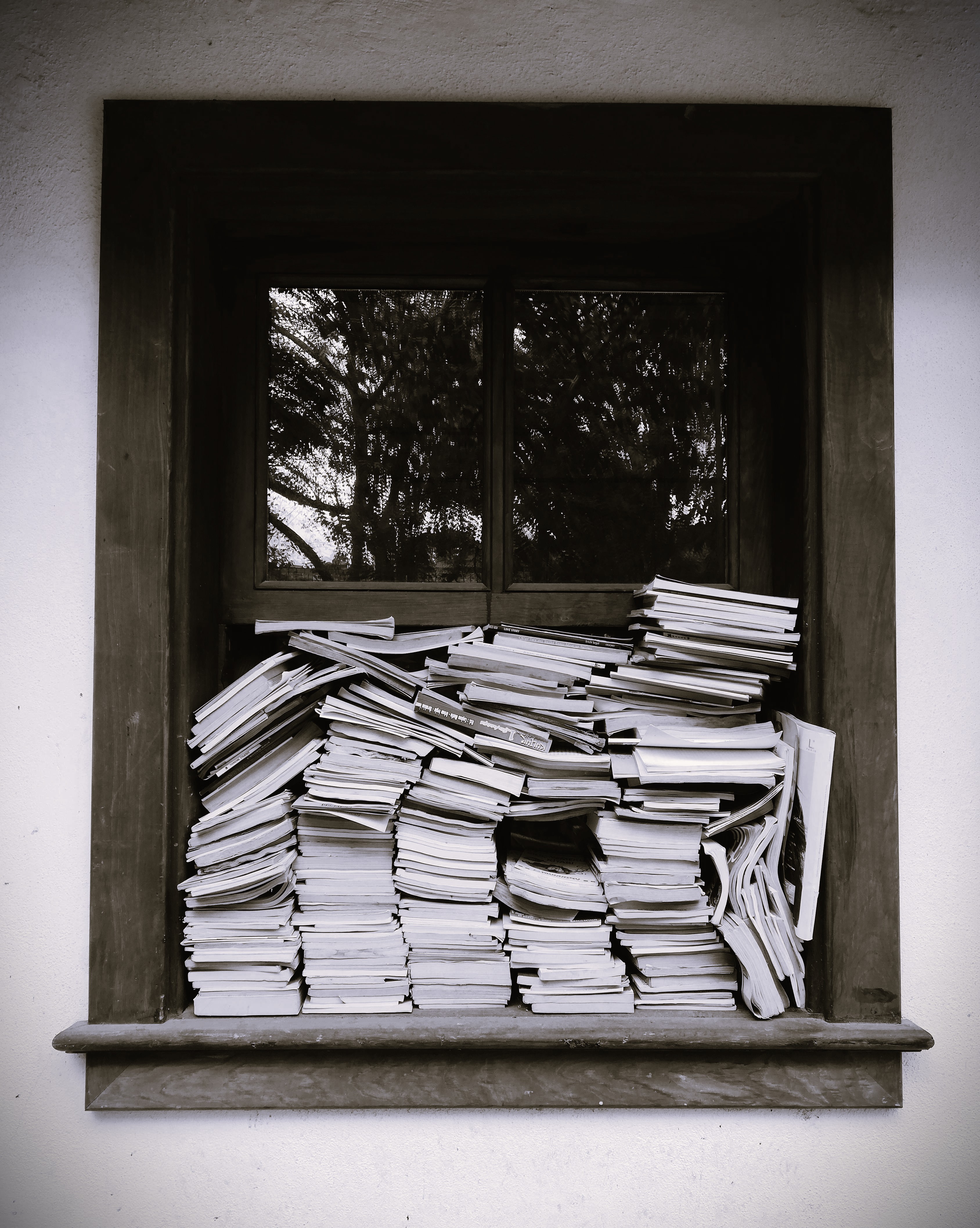 stacks of books crammed into a window