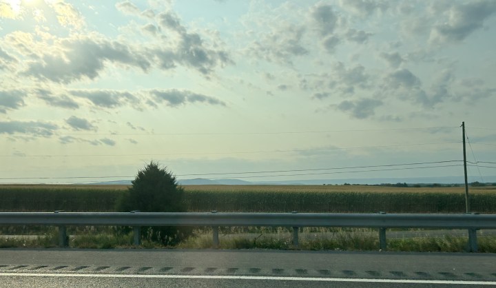 roadside view off I-81 with Blue Ridge Mountains in the distance