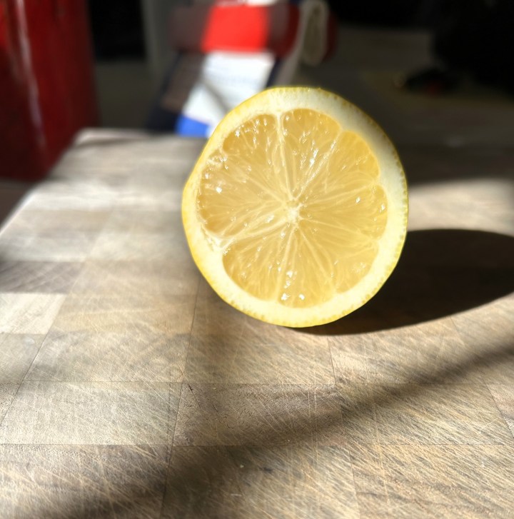 lemon slice on cutting board in full sunlight
