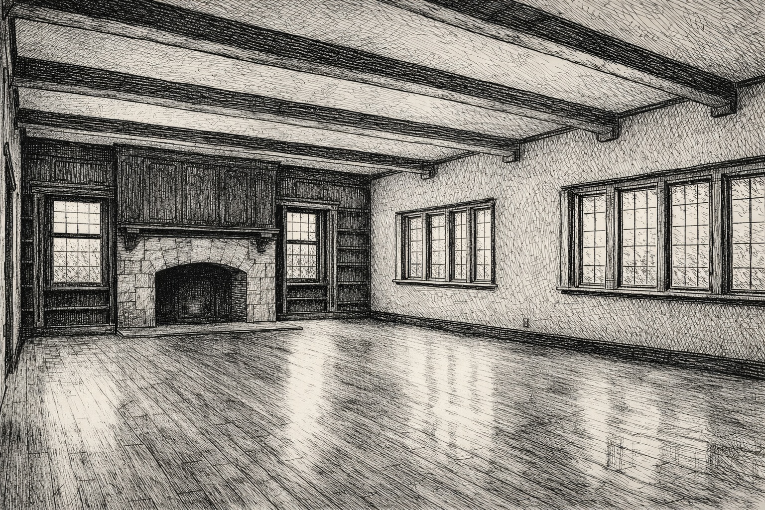 empty living room in a Tudor-style house, with hardwood floors, banks of casement windows on one wall, crossbeams on the ceiling, and a massive fireplace at one end