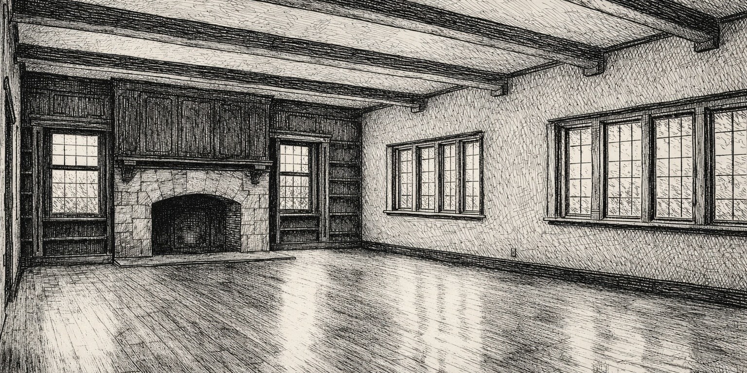 empty living room in a Tudor-style house, with hardwood floors, banks of casement windows on one wall, crossbeams on the ceiling, and a massive fireplace at one end