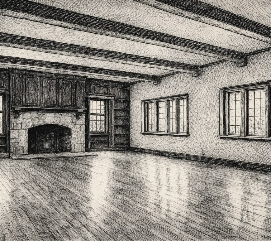 empty living room in a Tudor-style house, with hardwood floors, banks of casement windows on one wall, crossbeams on the ceiling, and a massive fireplace at one end