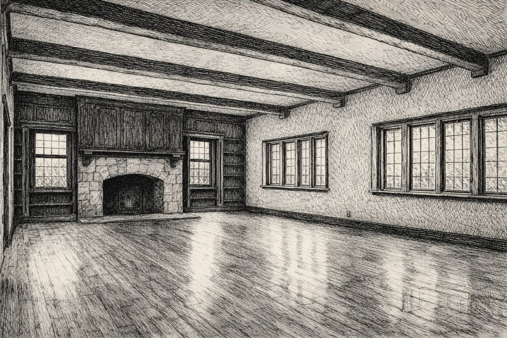 empty living room in a Tudor-style house, with hardwood floors, banks of casement windows on one wall, crossbeams on the ceiling, and a massive fireplace at one end