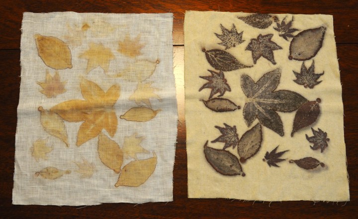 eco-printed materials on linen on the left, with mirror-image iron blanket on the right