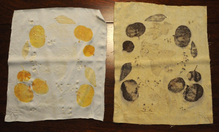 eco printed silk fabric swatch on the left, iron blanket on the right
