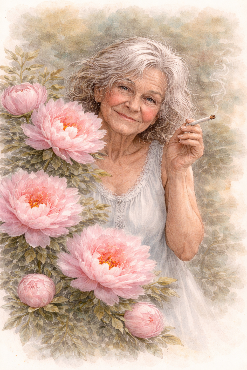 Old woman smoking a cigarette in a nightgown, with a large bouquet of peonies in the foreground