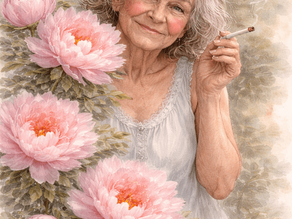 Old woman smoking a cigarette in a nightgown, with a large bouquet of peonies in the foreground