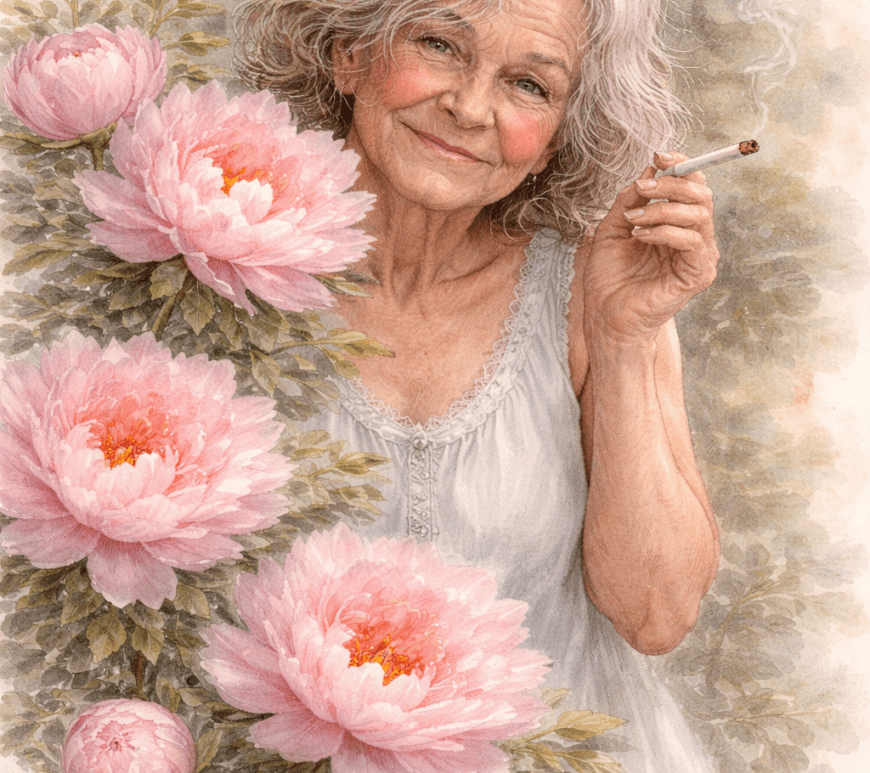 Old woman smoking a cigarette in a nightgown, with a large bouquet of peonies in the foreground