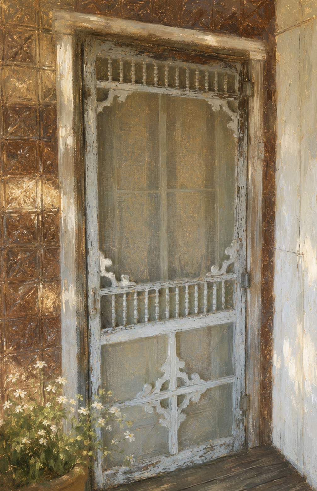 Painting of a weathered ornate wood screen door, as on an old farmhouse