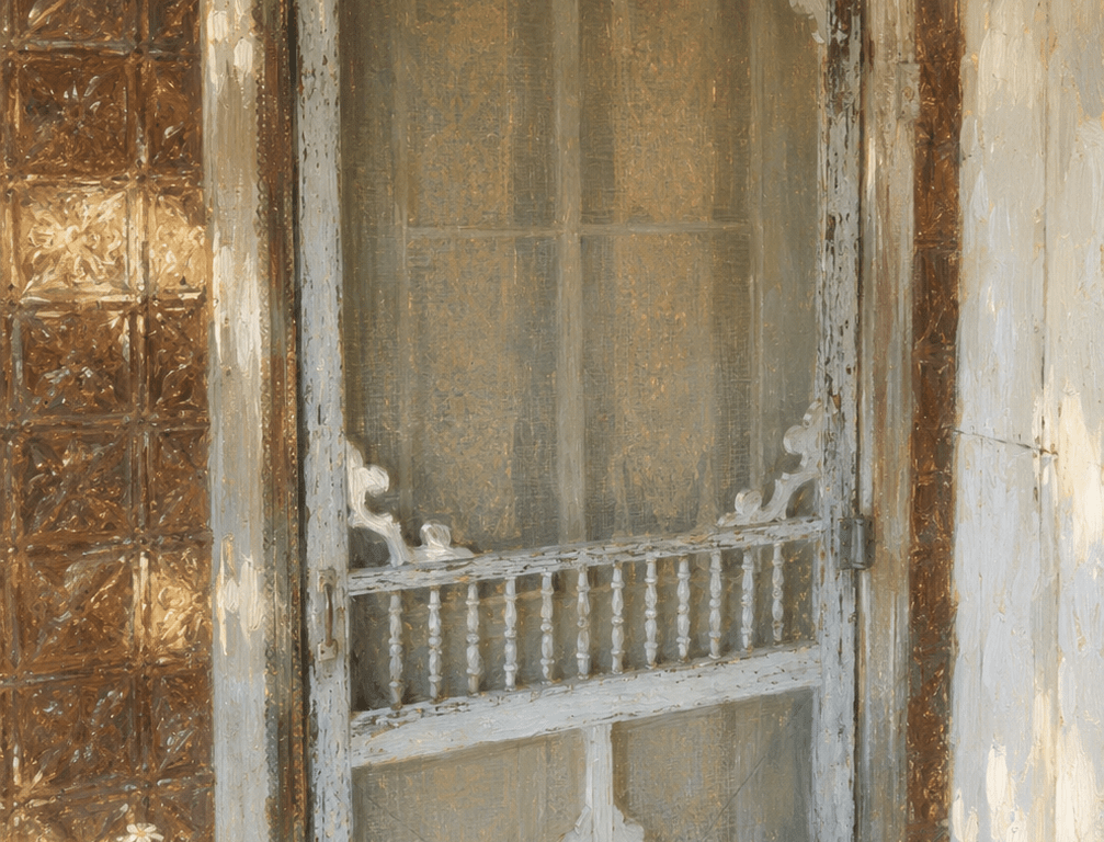 Painting of a weathered ornate wood screen door, as on an old farmhouse