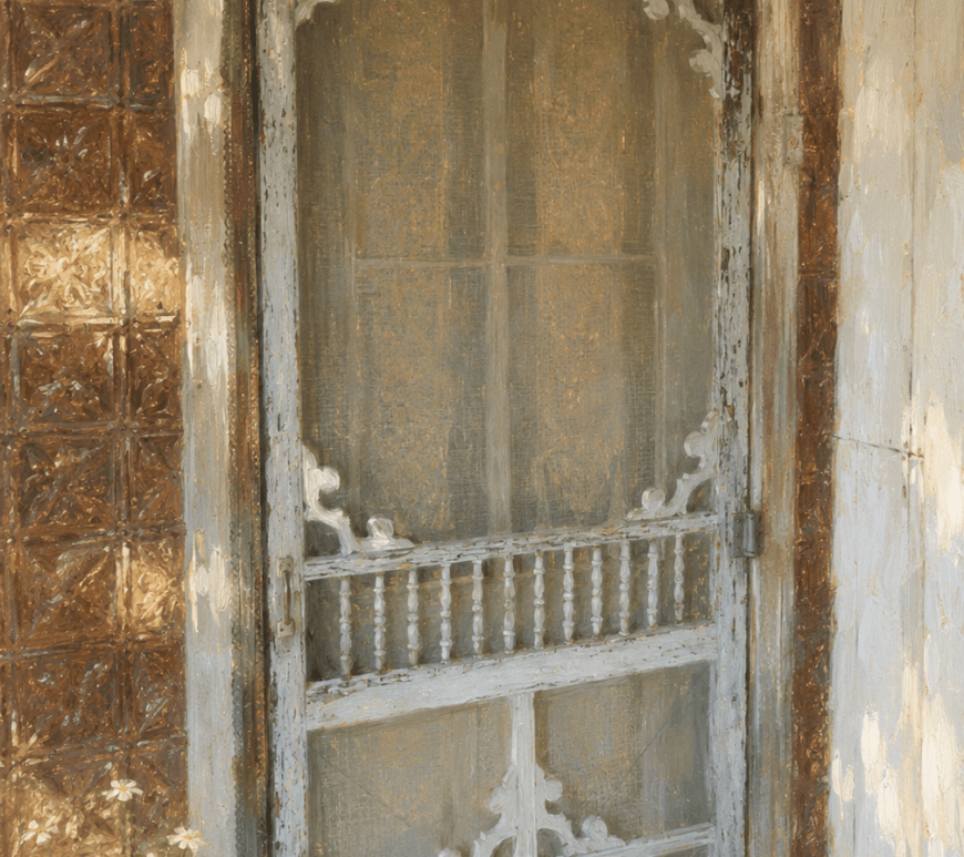 Painting of a weathered ornate wood screen door, as on an old farmhouse