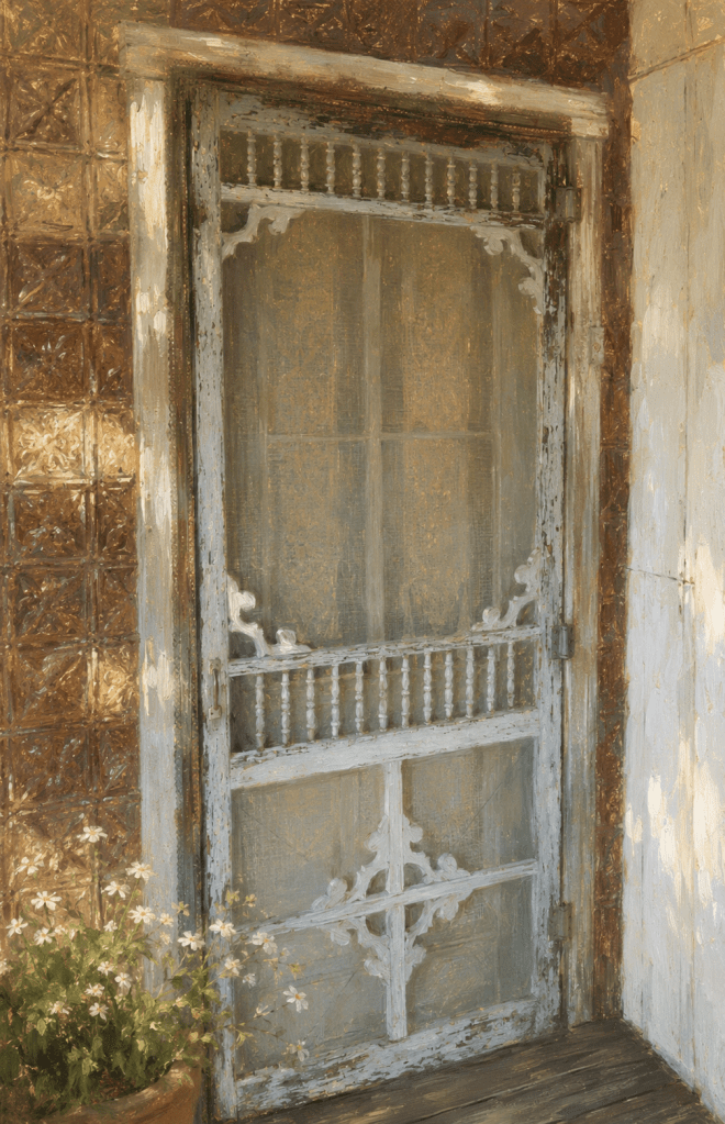 Painting of a weathered ornate wood screen door, as on an old farmhouse
