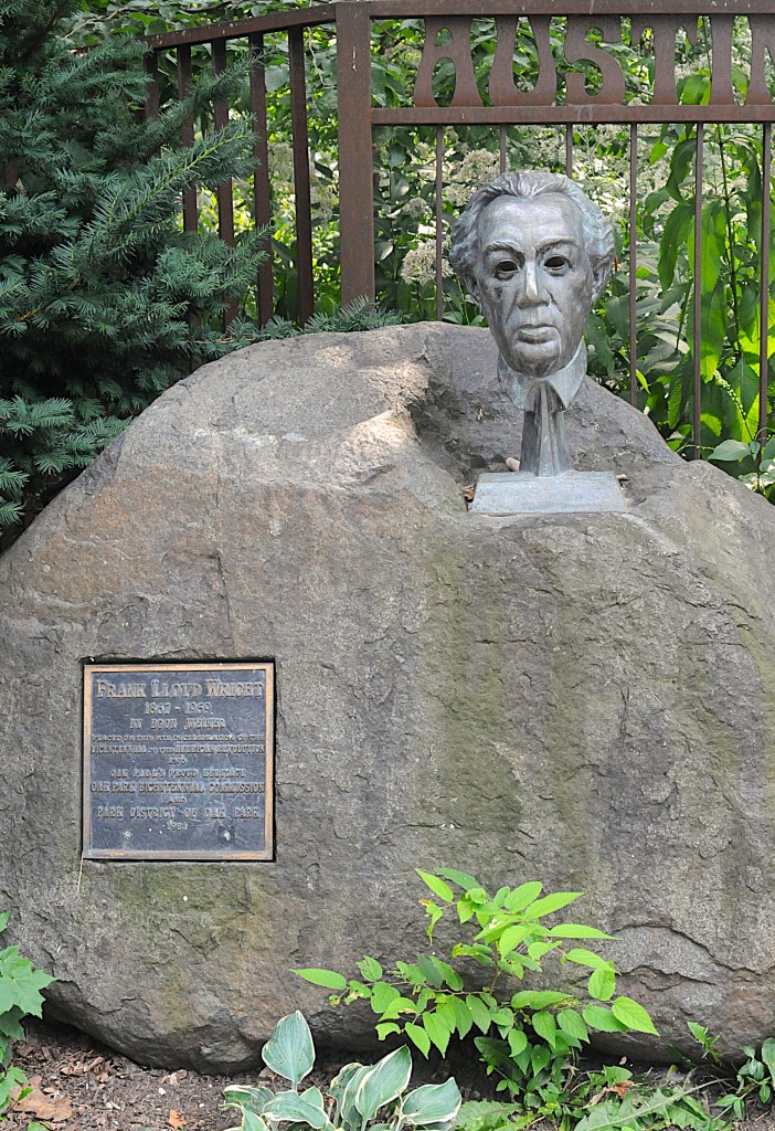Austin Gardens in Oak Park, with FLW bust at entrance